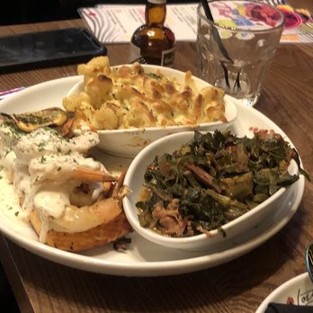Lost & Found - Salmon & shrimp with Mac and cheese & collard greens - Cocktail Bars Near Me - Houston, Texas Lost & Found - Salmon & shrimp with Mac and cheese & collard greens - Cocktail Bars Near Me - Houston, Texas