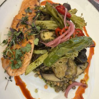 Black Rail Kitchen + Bar - Chimichurri mushroom lentil plate with added grilled salmon. - Mediterranean Near Me - Carlsbad, California