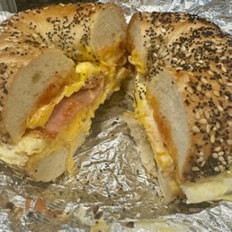 Taylor ham, egg, and cheese on Everything bagel with salt, pepper, ketchup, hot sauce Taylor ham, egg, and cheese on Everything bagel with salt, pepper, ketchup, hot sauce