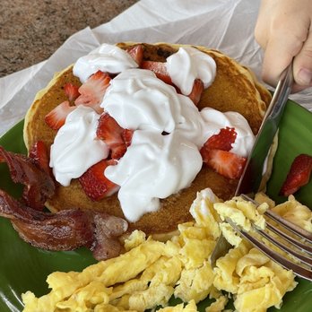 Maniac-Mikes Cafe - Kids pancakes with strawberries and whipped cream. - New American Near Me - Upland, California