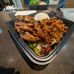 Chicken teriyaki, spicy pork and stir fried veggies Chicken teriyaki, spicy pork and stir fried veggies