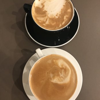 Roots Cafe - Caramel latte with soy milk (back) and lavender latte with almond milk - Cafes Near Me - Cerritos, California