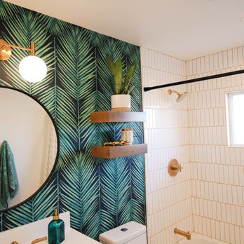 HT Home Design - a bathroom with a palm leaf wallpaper - General Contractors Near Me - Lodi, California HT Home Design - a bathroom with a palm leaf wallpaper - General Contractors Near Me - Lodi, California