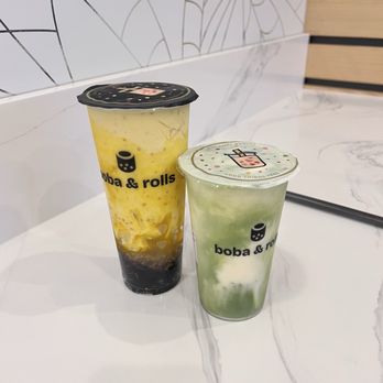Boba and Rolls - Yellow drink: Sago Sunshine  Green: Matcha Banana Bliss - Bubble Tea Near Me - Stockton, California