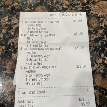 Epic Wings - the receipt for the meal - Chicken Wings Near Me - Oceanside, California