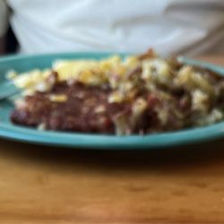 Corned beef hash, scrambled eggs and hash browns