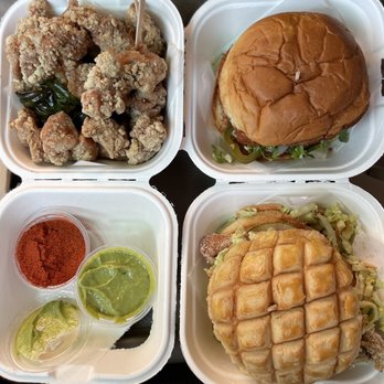 Bopomofo Cafe - From left to right - popcorn chicken, honey walnut shrimp burger, bolo Bao Taiwanese fried chicken sandwich - Bubble Tea Near Me - San Gabriel, California Bopomofo Cafe - From left to right - popcorn chicken, honey walnut shrimp burger, bolo Bao Taiwanese fried chicken sandwich - Bubble Tea Near Me - San Gabriel, California