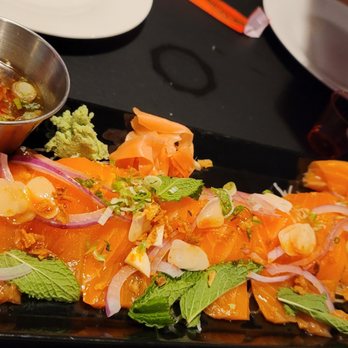 Lan Xang Fort Myers - Special from Chef: Spicy salmon sashimi drizzled in Jeow som. - Thai Near Me - Fort Myers, Florida Lan Xang Fort Myers - Special from Chef: Spicy salmon sashimi drizzled in Jeow som. - Thai Near Me - Fort Myers, Florida