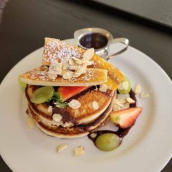 Choco Banana Butter Milk Pancake Served with homemade Chocolate Sauce