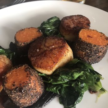 The Roosevelt - Pan-seared scallops with chai-roasted potatoes, spinach, smoked scallop Demi with blackgarlic - Southern Near Me - Richmond, Virginia The Roosevelt - Pan-seared scallops with chai-roasted potatoes, spinach, smoked scallop Demi with blackgarlic - Southern Near Me - Richmond, Virginia
