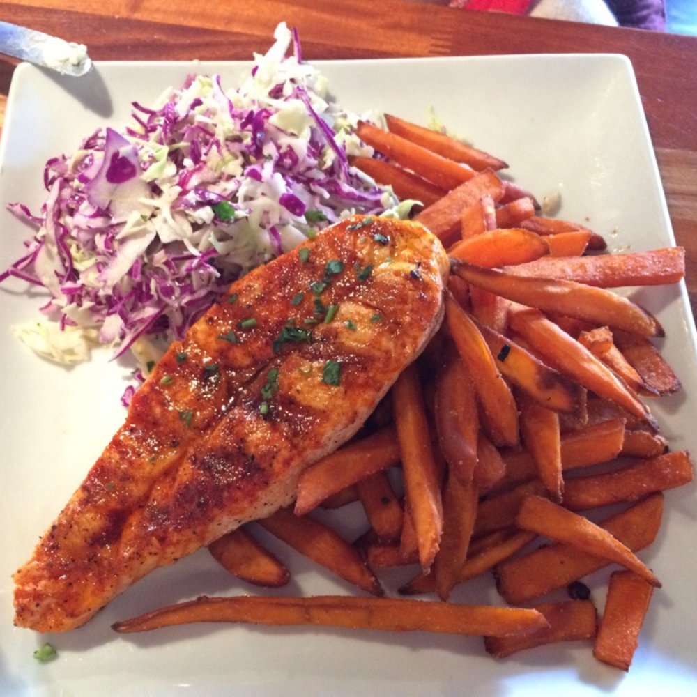 FishBar - Grilled salmon with sweet potatoes and cole slaw - Seafood Near Me - Manhattan Beach, California FishBar - Grilled salmon with sweet potatoes and cole slaw - Seafood Near Me - Manhattan Beach, California