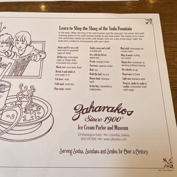Zaharakos - Little glimsp of the menu - Ice Cream & Frozen Yogurt Near Me - Columbus, Indiana Zaharakos - Little glimsp of the menu - Ice Cream & Frozen Yogurt Near Me - Columbus, Indiana