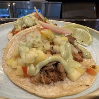 The Dotted Line - LEMONGRASS CHICKEN TACOS Lemongrass Chicken, Corn Tortilla, Pineapple Pico De Gallo, Radish, Smokey Avocado Ranch Sauce, Smoked Olive Oil - Breakfast & Brunch Near Me - Honolulu, Hawaii