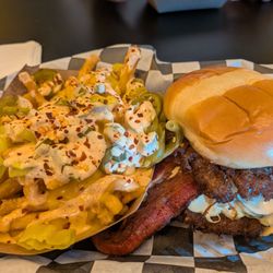 Meat N Melt - Bacon burger and fries with peppers