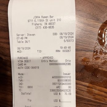JINYA Ramen Bar - Fishers - Receipt - Ramen Near Me - Fishers, Indiana