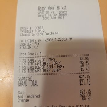 Wagon Wheel Market - September 11th receipt - Grocery Near Me - Oroville, California Wagon Wheel Market - September 11th receipt - Grocery Near Me - Oroville, California