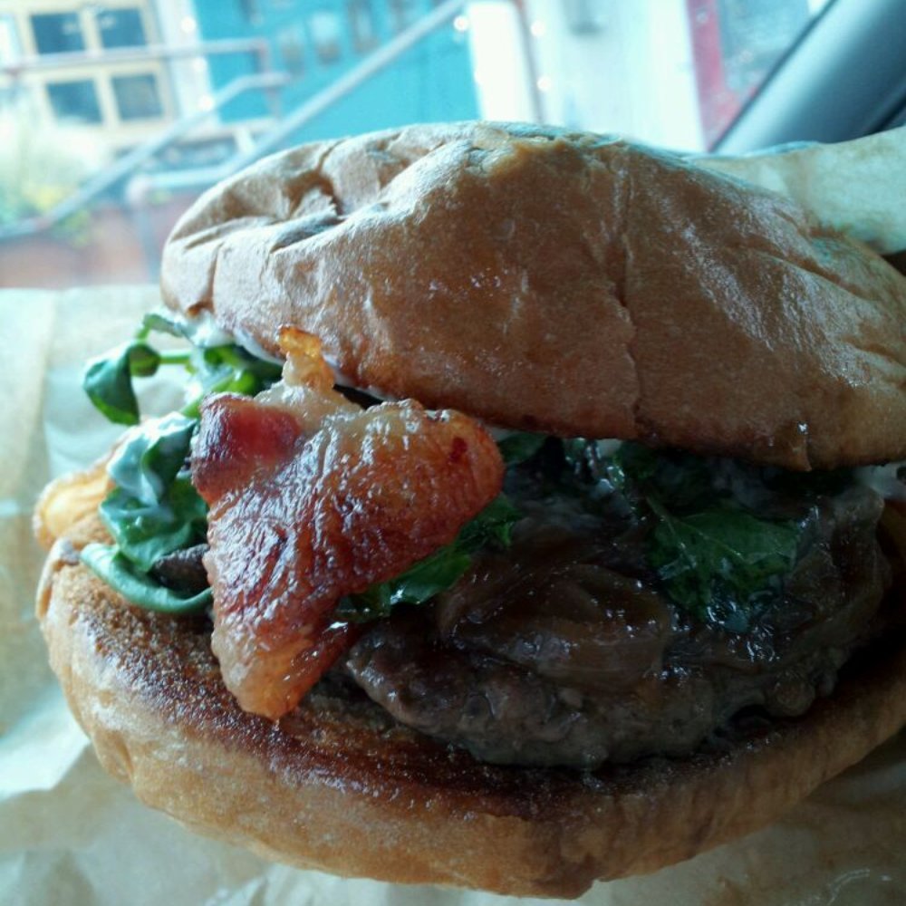 Uneeda Burger - lunch today burger with caramelized onions watercress blue cheese and bacon - Burgers Near Me - Seattle, Washington Uneeda Burger - lunch today burger with caramelized onions watercress blue cheese and bacon - Burgers Near Me - Seattle, Washington
