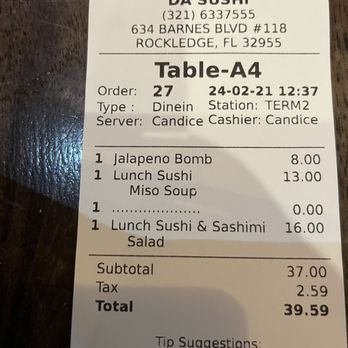 Da Sushi - tab, server, and total - Sushi Bars Near Me - Rockledge, Florida Da Sushi - tab, server, and total - Sushi Bars Near Me - Rockledge, Florida
