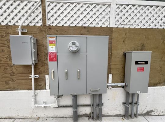 400/320A Service upgrade with transfer switch generator backup and solar. - This is 400/320 services one with generator backup the other with battery power walls 400/320A Service upgrade with transfer switch generator backup and solar. - This is 400/320 services one with generator backup the other with battery power walls