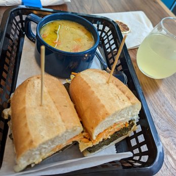 Local Foods - "Braised Greens" Reuben and Red Lentil Kale Soup (both on special) and a Bellini to drink - Sandwiches Near Me - Austin, Texas