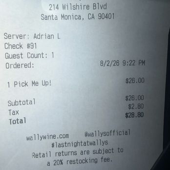 Wally's - Receipt - New American Near Me - Santa Monica, California Wally's - Receipt - New American Near Me - Santa Monica, California
