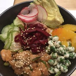 Nanbu Noodle Bar - Salmon Pokè   Farm raised Salmon dressed with a ponzu dressing ,Over rice ... Citrus, pickled red beets ,pickles, avocado & wasabi peas