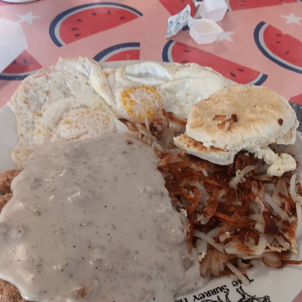 Cant get any more Southern than chicken fried steak, eggs, biscuits n gravy, EXCELLENT!! Cant get any more Southern than chicken fried steak, eggs, biscuits n gravy, EXCELLENT!!