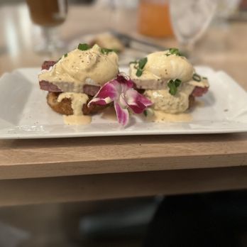 Kau Kau - Benedict has a taro cake topped with home made spam and poached egg - Asian Fusion Near Me - Sacramento, California
