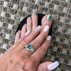 Fancy Nails - Pink-white tip ombre, coffin shape, medium length, with some bling on the ring finger. Pedicure with gel polish.