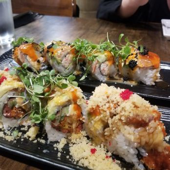 M Sushi Bistro - Bottom: Inferno, added cream cheese; Top: Smokey Peyton minus cream cheese. - Sushi Bars Near Me - Lodi, California M Sushi Bistro - Bottom: Inferno, added cream cheese; Top: Smokey Peyton minus cream cheese. - Sushi Bars Near Me - Lodi, California