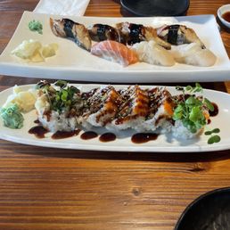 Salmon, Eel, and Scallop Nigiri and Spider Roll