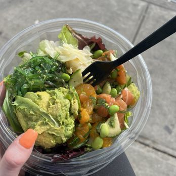 Pokeworks - Salad base, fresh salmon, avocado, edamame, orange slices, cucumbers , and sweet sauce - Poke Near Me - Flushing, New York Pokeworks - Salad base, fresh salmon, avocado, edamame, orange slices, cucumbers , and sweet sauce - Poke Near Me - Flushing, New York