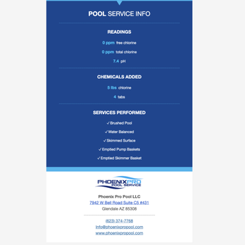 Phoenix Pro Pool Service - Another example of one of the reports they sent after cleaning the pool. - Pool & Hot Tub Service Near Me Phoenix Pro Pool Service - Another example of one of the reports they sent after cleaning the pool. - Pool & Hot Tub Service Near Me
