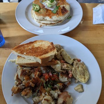 Orphan - Savory pancake (top) artichoke scramble (bottom) - Breakfast & Brunch Near Me - Sacramento, California Orphan - Savory pancake (top) artichoke scramble (bottom) - Breakfast & Brunch Near Me - Sacramento, California