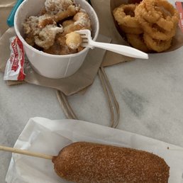 Funnel cake, original corn dog, onion rings