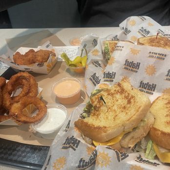 Habit Burger & Grill - Santa Barbara Char Meal with onion rings and cheesy cauliflower tots - Burgers Near Me - Granada Hills, California