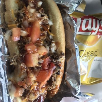 That's My Dog - #5 BBQ Brisket (L) w/sausage link added tomatoes. - Hot Dogs Near Me - Katy, Texas That's My Dog - #5 BBQ Brisket (L) w/sausage link added tomatoes. - Hot Dogs Near Me - Katy, Texas