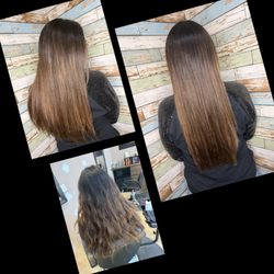 Curl Up and Dye - Before and after 6 month hi-light touch up w/Kim .. wasn't ready to cut it off yet it's so beautiful!