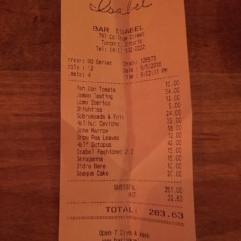 Bar Isabel - Our bill for the meal - Spanish Near Me - Toronto, Ontario