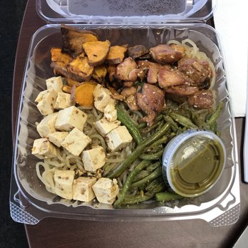 Fresh Kitchen - Sweet potato noodles (2 scoops), chia seed teriyaki tofu, sesame green beans and teriyaki chicken. - New American Near Me - Orlando, Florida