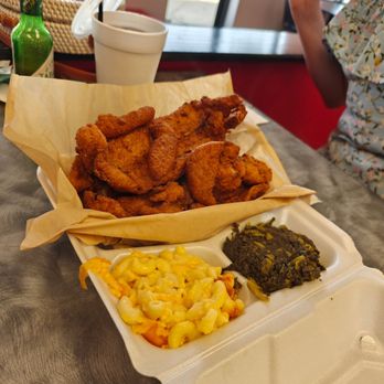 The Fish House Eatery - Large catfish platter with Mac n cheese & collards - Seafood Near Me - Apex, North Carolina