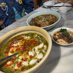 Fish with sour pickled cabbage soup, dan dan noodles, boiled beef