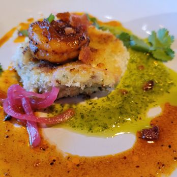 Roots95 - Blue cheese potato cake with chipotle shrimp. - New American Near Me - Johnston, Iowa