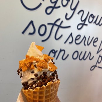 Big Softie - Vegan oat vanilla soft serve with waffle cone, crunch pearls, and cheezit brittle (regular size) - Ice Cream & Frozen Yogurt Near Me - Atlanta, Georgia