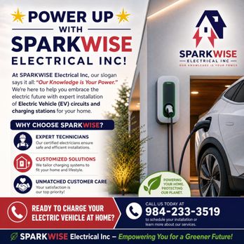 Sparkwise Electrical - Charge up your EV with Sparkwise Electrical Call today to schedule your appointment 984-233-3519 - Electricians Near Me - Zebulon, North Carolina Sparkwise Electrical - Charge up your EV with Sparkwise Electrical Call today to schedule your appointment 984-233-3519 - Electricians Near Me - Zebulon, North Carolina