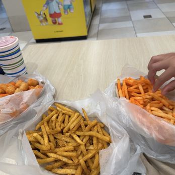 Potato Corner - From left to right: cheddar tots, bbq fries and cheddar fries with Hi-C soda pops - Fast Food Near Me - Cerritos, California