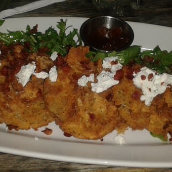 Riverstone Corner Bistro - Fried green tomatoes with bacon, goat cheese and arugula, and peach chutney - Comfort Food Near Me - Canton, Georgia Riverstone Corner Bistro - Fried green tomatoes with bacon, goat cheese and arugula, and peach chutney - Comfort Food Near Me - Canton, Georgia