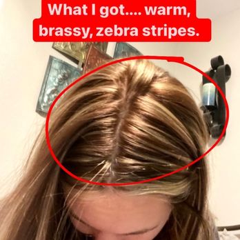 HOTBOX Salon - What I received. Warm and brassy colors I said I didn't want. Striping all the way to the root, again, something I asked NOT to have. - Hair Salons Near Me - Las Vegas, Nevada HOTBOX Salon - What I received. Warm and brassy colors I said I didn't want. Striping all the way to the root, again, something I asked NOT to have. - Hair Salons Near Me - Las Vegas, Nevada