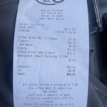 West Saloon & Kitchen - Receipt - American Near Me - Denver, Colorado West Saloon & Kitchen - Receipt - American Near Me - Denver, Colorado