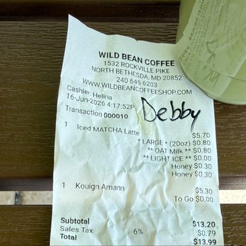 Wild Bean Coffee - Receipt, they charged extra for honey - Coffee & Tea Near Me - Rockville, Maryland Wild Bean Coffee - Receipt, they charged extra for honey - Coffee & Tea Near Me - Rockville, Maryland